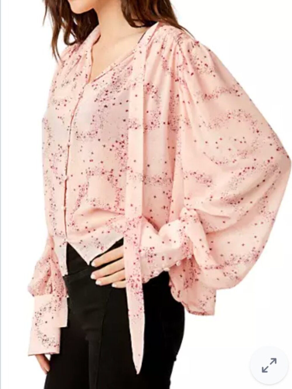 Free People Women's "Stars Align" Printed Tie-Neck Top in Peach - Size XL - Picture 9 of 13